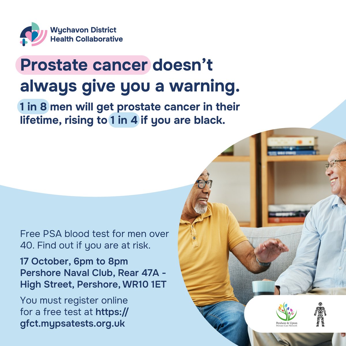 🚨 Get your FREE prostate cancer check! 📅Thursday 17 October, from ⏰6pm - 8pm at Pershore Naval Club. Don't miss this opportunity to take control of your health and get checked out. #EarlyDetectionSavesLives
👉 bit.ly/3zH6fDI to book! 
#ProstateCancerScreening