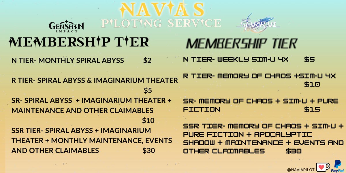 ⚜️ NAVIA’S PILOTING SERVICE ⚜️

Combat getting difficult? Confused or burnt out on grinding games?

Don't fear, Navia is here ᯓᡣ𐭩.ᐟ

Fast, Cheap, Reliable 🫶

DM, buy on Kofi or fill out the form to avail! 
📜 forms.gle/Fy2kLRVAsG2BZD…
☕️ ko-fi.com/naviapilot 
#genshin #hsr