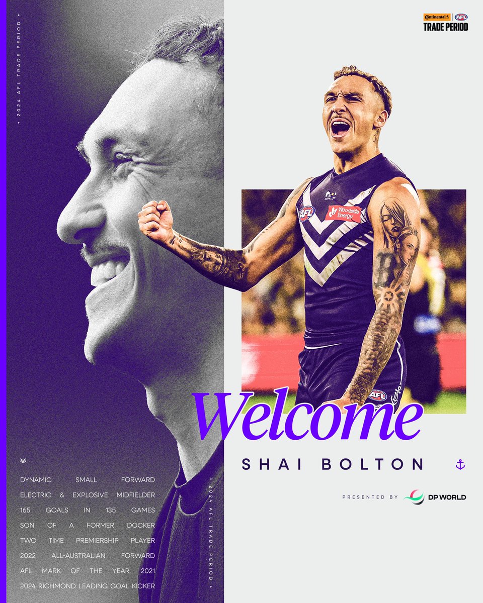 A GOOD DAY TO BE SHAI 💜

Shai Bolton, officially a Freo Docker.

#AFLTrade | #foreverfreo