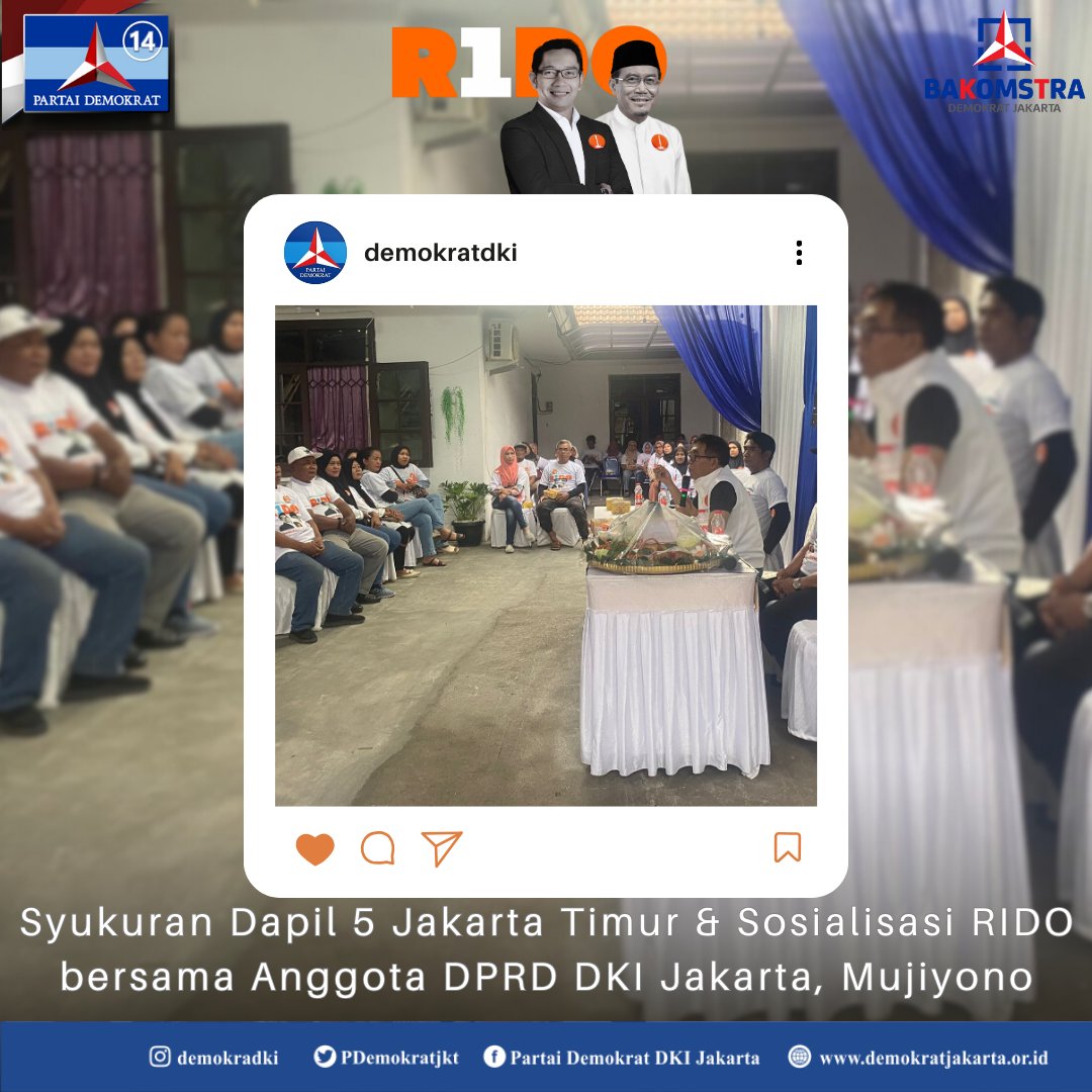 PDemokratjkt's tweet photo. Akhir pekan kemarin, Ketua @mjn_dkj turut menyosialisasikan program-program unggulan kang @ridwankamil dan Babe @pak_suswono untuk diterapkan di Jakarta.

Saatnya kita satuin Jakarta, pilih nomor satu. Bersama @pdemokrat wujudkan Jakarta Baru, Jakarta Maju.

#RIDO1Putaran 
#mjn https://t.co/drOPR4xuJt