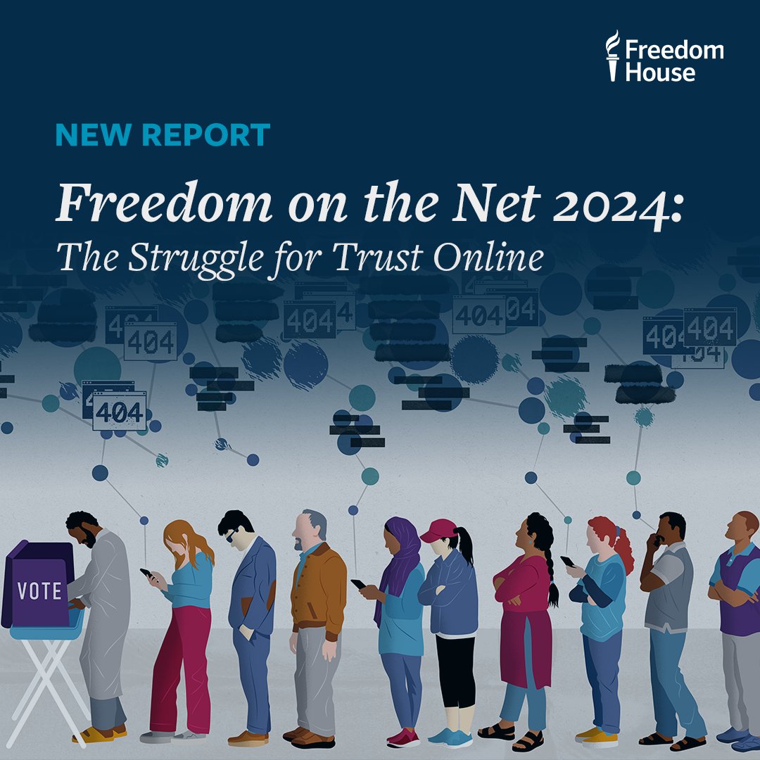 freedomhouse's tweet photo. 📣 NEW: #FreedomOnTheNet 2024 is now LIVE!

https://t.co/EqWOML3Lfz

Global internet freedom declined for the 14th consecutive year as voters were forced to make major decisions about their future while navigating a censored, distorted, and unreliable information space.

Protections for human rights online diminished in 27 of the 72 countries covered by FOTN24, and just 18 earned score improvements. Myanmar and China tied as the world’s worst environment for internet freedom, while Iceland maintained its status as the freest.

People were physically attacked or killed in retaliation for their online activities in a record high of at least 43 countries. Users also faced arrest for nonviolent expression in three-quarters of the countries covered by FOTN, with some receiving prison sentences of 10+ years.

Censorship and content manipulation were combined to sway elections. Voters in at least 25 of the 41 FOTN countries that held or prepared for nationwide elections contended with a censored information space, while in at least 21 countries progovernment commentators manipulated online information to stoke doubt in election integrity and democratic institutions broadly.

More than half of these 41 countries took steps to safeguard information integrity, with mixed results. Examples from South Africa, Taiwan, and the EU—which all prioritized transparency, civil society expertise, democratic oversight, and international norms—served as the most promising models.

Internet freedom is a pillar of modern democracy. Our research indicates that online censorship and manipulation are growing ever more extreme, requiring a renewed and sustained commitment to internet freedom lest we hasten democracy’s global decline.

Explore more from #FreedomOnTheNet 2024: https://t.co/EqWOML3Lfz