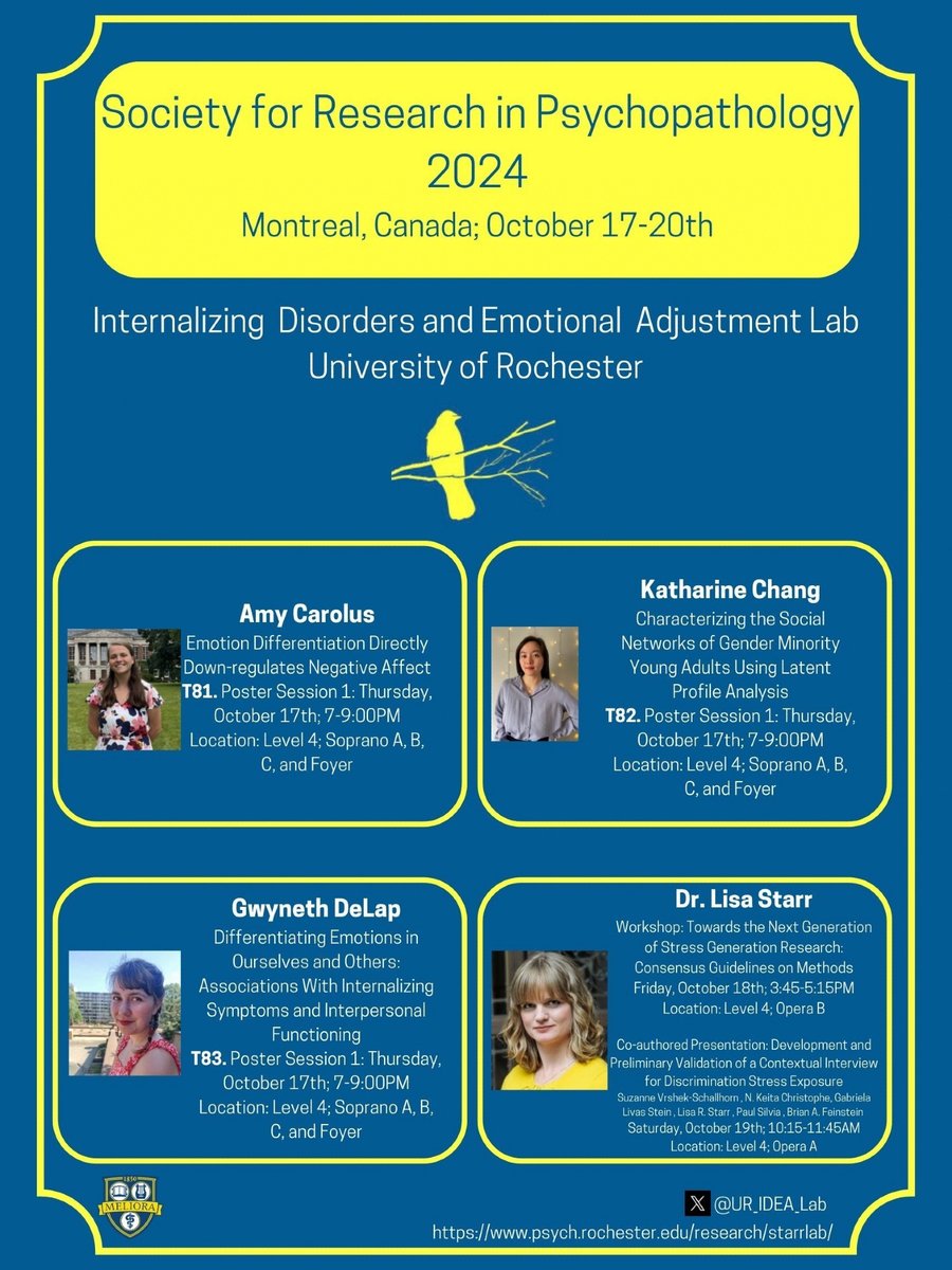 Dr. Lisa Starr (@lisastarrphd) on Twitter photo Headed to <a href="/srp_science/">Society for Research in Psychopathology</a> in Montreal? So is the entire <a href="/UR_IDEA_Lab/">Rochester IDEA Lab</a>! Come check out our latest research!!!
<a href="/AmyCarolus/">Amy Carolus</a>
<a href="/GwynethDeLap/">Gwyneth DeLap</a>
@KaChangPsy
<a href="/AngelaSantee/">Angela C. Santee</a> Headed to <a href="/srp_science/">Society for Research in Psychopathology</a> in Montreal? So is the entire <a href="/UR_IDEA_Lab/">Rochester IDEA Lab</a>! Come check out our latest research!!!
<a href="/AmyCarolus/">Amy Carolus</a>
<a href="/GwynethDeLap/">Gwyneth DeLap</a>
@KaChangPsy
<a href="/AngelaSantee/">Angela C. Santee</a>