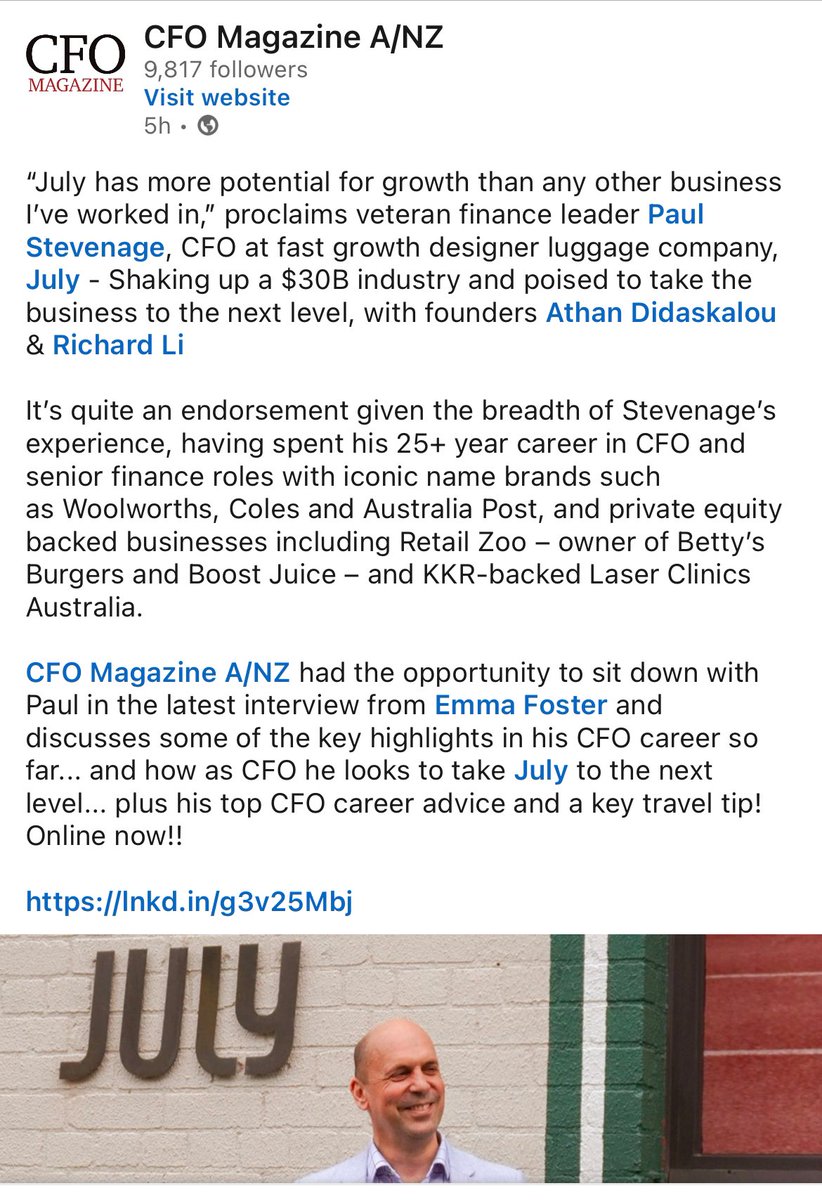 Latest interview from CFO Magazine A/NZ’s Emma Foster now online as she meets with Paul Stevenage, CFO <a href="/July/">July</a> sharing his insights on taking the brand to the next level! Now online!