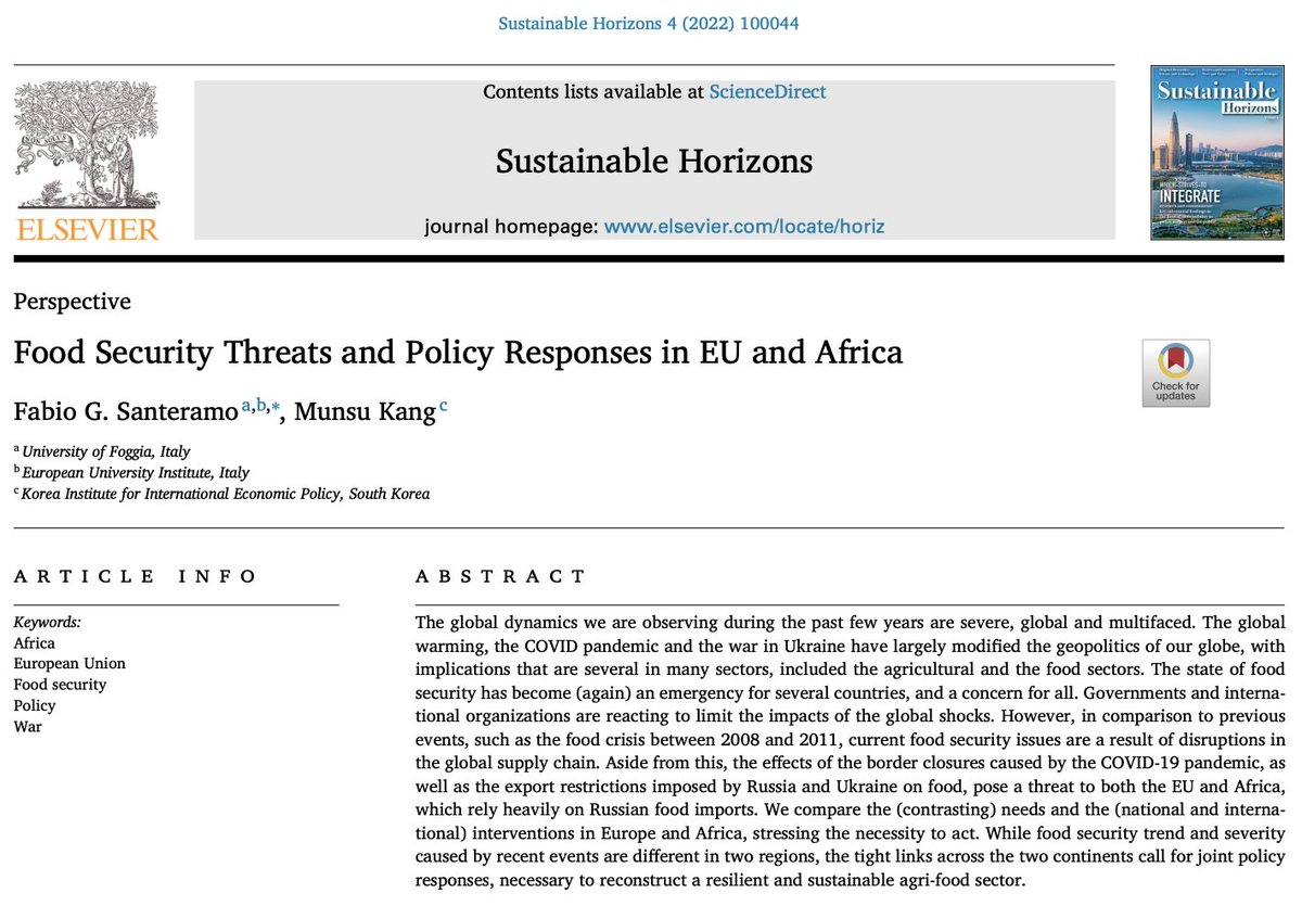 SH for #WorldFoodDay 🌾by <a href="/FabioGSanteramo/">Fabio G. Santeramo, PhD</a>  team. 
Global dynamics have disrupted food security worldwide. Current issues stem from supply chain disruptions, impacting Europe and Africa. Joint policy responses are crucial.
See more in 👉sciencedirect.com/science/articl…