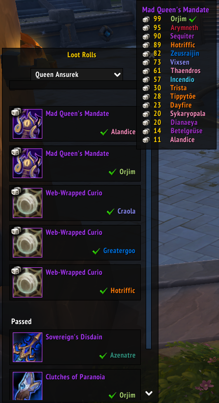 Arymneth's tweet photo. This is what it looks like when I finally get a good roll.  Two of those things dropped.  The hunter that won mine  also rolled a 100 on the other one.  So the game gives him mine instead of their 100 roll.

That hunter was dead for 10 minutes, along with half the raid.  Ugh! https://t.co/R5iFvwPszX