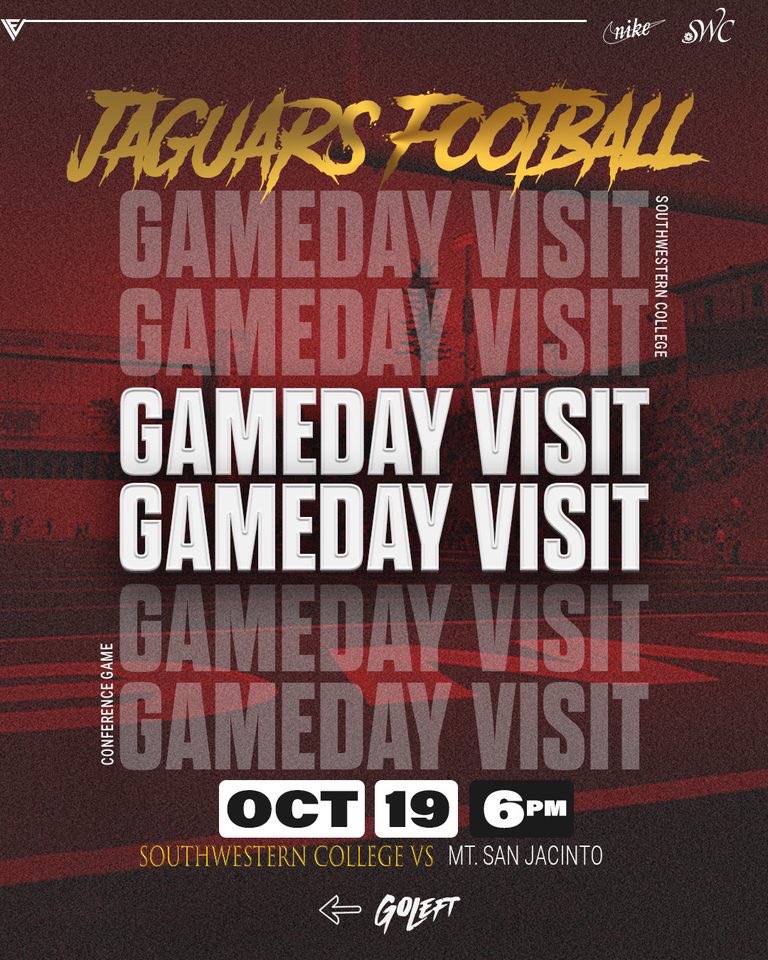🚨PSA‼️

2025 Recruits, we’re inviting you to come check out <a href="/SWCJaguarFB/">Southwestern College Football</a> 🏈 this Saturday, October 19th <a href="/6pm/">Follow us @Shop6pm!</a>! 

DM me to get registered for the Gameday Visit while there’s still time! #GoLEFT👈🏽 #WelcomeToTheJ25GLE🐆