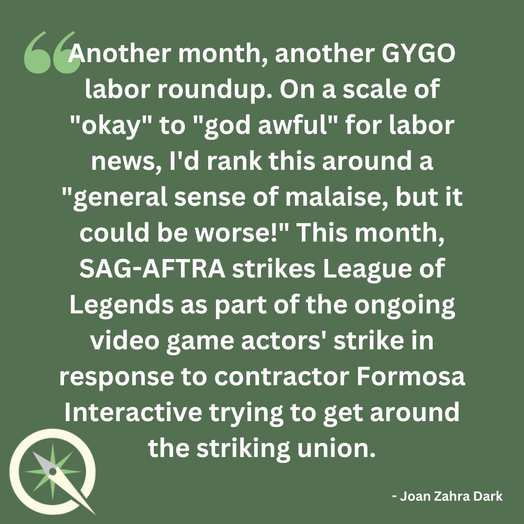 "On a scale of "'okay'" to "'god awful'" for labor news, I'd rank this around a "'general sense of malaise, but it could be worse!'"

Read more in Joan Dark's gaming labor news roundup: buff.ly/4ezZZNf