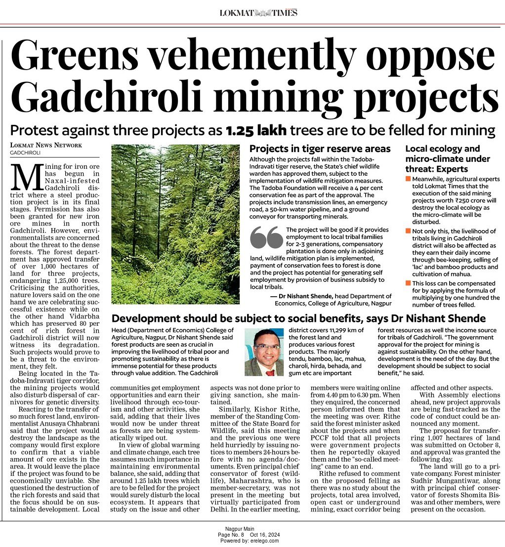 LokmatTimes_ngp's tweet image. Greens Protest Gadchiroli Mining Projects as 1.25 Lakh Trees Set to Be Felled

Environmentalists Warn of Ecological Threats in Tiger Reserve Areas Amid Fast-Tracked Approvals

#Gadchiroli #MiningProject #Environment #TigerReserve #Threat