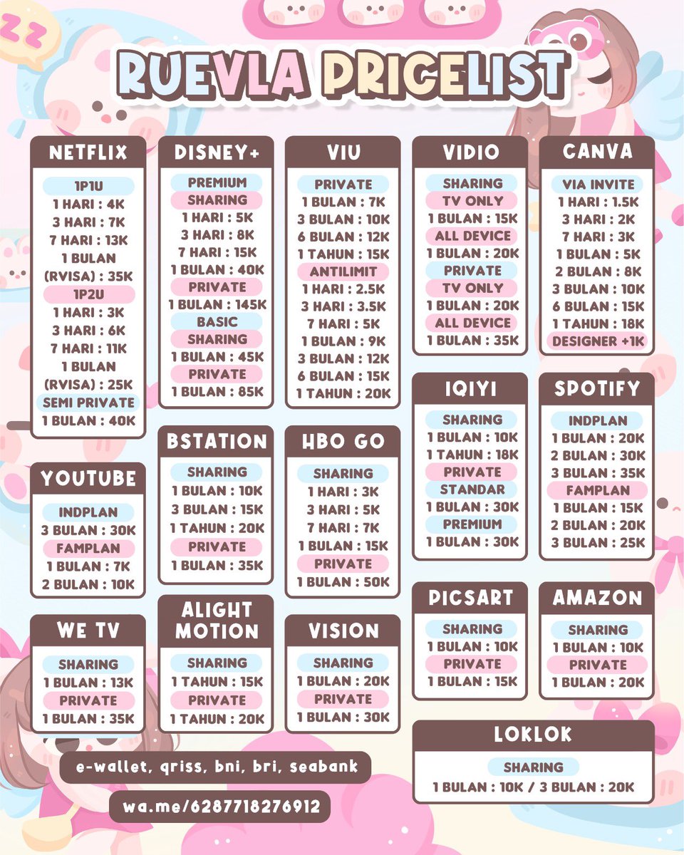 ૮ • ﻌ - ა — eits, lagi cari app premium murah &amp; trusted? 𝗸𝗲𝗱𝗮𝗶 𝗿𝘂𝗲𝘃𝗹𝗮 tempatnya! 🩷

app kamu bisa premium dengan harga mulai 𝟭𝗸, dengan proses cepat &amp; jaminan 100% garansi❕🎀

berminat?
🌷 ꒱ ⁦wa.me/6287718276912⁩ for fast response