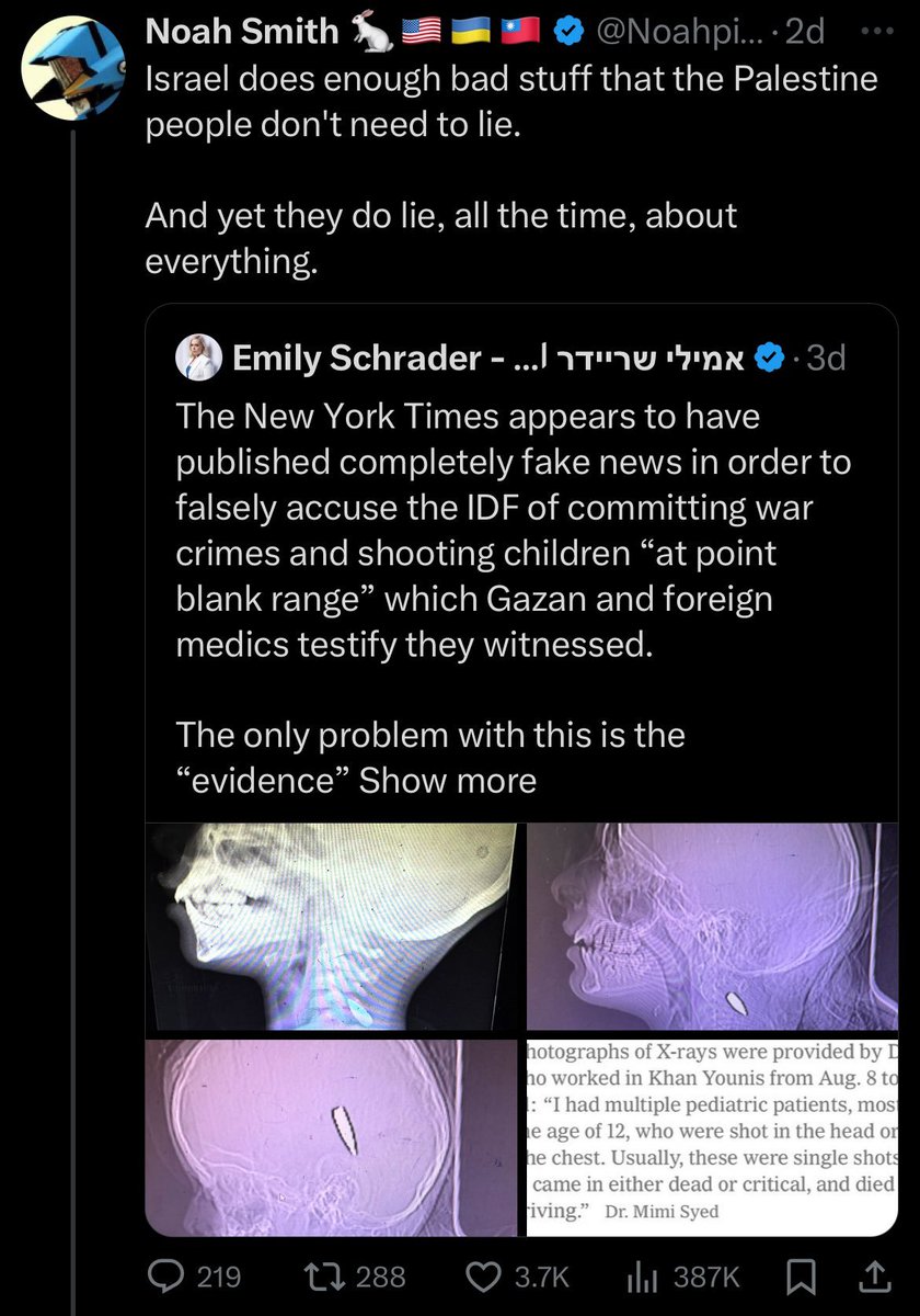 ProjectGaza's tweet image. In his first entry on the project, @Noahpinion promotes atrocity denial, according to which the x-rays published by the New York Times depicting Palestinian children shot in the head are &quot;lie[s].&quot;