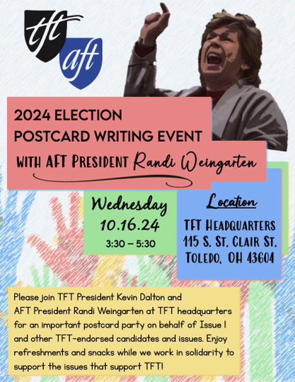 Toledo Federation of Teachers (@tftunion) on Twitter photo TFT members: Join <a href="/Kdalton250/">Kevin Dalton</a> and <a href="/rweingarten/">Randi Weingarten πΊπΈβππͺπΏπ©βππ£πΊπ¦</a> to write post cards in support of pro-public education candidates! And meet your AFT President!
<a href="/OFTunion/">Ohio Fed. of Teachers</a> <a href="/AFTunion/">AFT</a>
Wednesday, Oct 16
3:30-5:30 TFT members: Join <a href="/Kdalton250/">Kevin Dalton</a> and <a href="/rweingarten/">Randi Weingarten πΊπΈβππͺπΏπ©βππ£πΊπ¦</a> to write post cards in support of pro-public education candidates! And meet your AFT President!
<a href="/OFTunion/">Ohio Fed. of Teachers</a> <a href="/AFTunion/">AFT</a>
Wednesday, Oct 16
3:30-5:30