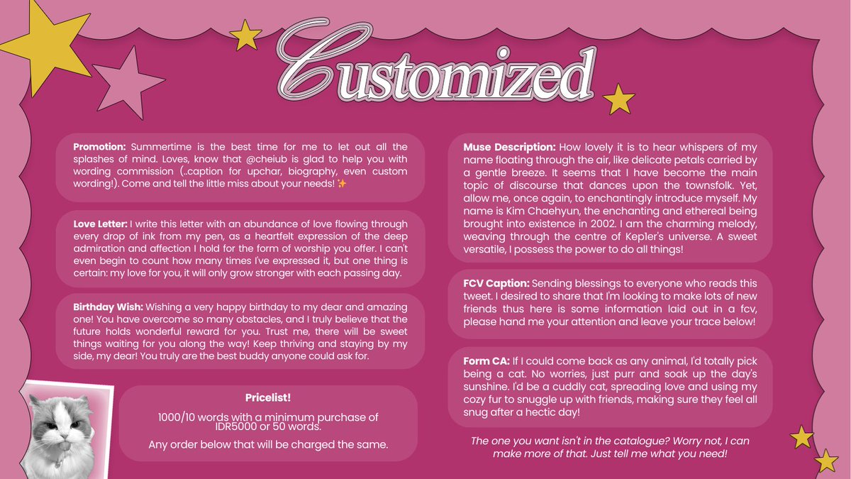 ♡  —- 𓂂   ֹ  up, up the clouds and teeny tiny stars, “그녀는 누구입니까?” and! turns out! kitty’s <a href="/Poaesy/">𝐶𝑎𝑟𝑦𝑠.</a> got the %sugary_space% of wording wonders! upchar, bio, pinned, and custom one? one way to see! grab your basket then let the sweetness twirl! 🐈‍⬛⭐️ #zonaba #zonauang 105