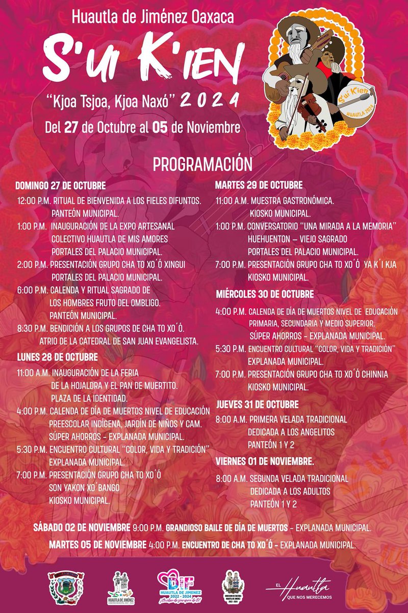 BonitoOaxaca's tweet photo. 📌 S'UI K'IEN | “Kjoa Tsjoa, Kjoa Naxó” 2024 | Del 27 de Octubre al 05 de Noviembre en Huautla de Jiménez #Oaxaca 🌻
La tradición que hermana a los pueblos mazatecos, entre la flor y el canto, el color y la alegría de nuestra tierra. 🌼 https://t.co/2VgK8X3a2O