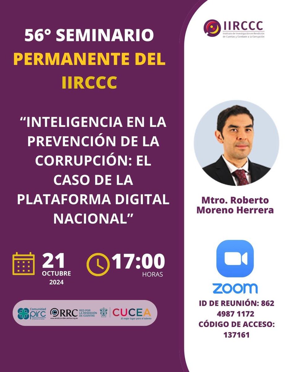 SESNAOficial's tweet photo. #Agéndalo 

El Secretario Técnico de la #SESNA, @morenoroberto77, participará en el 56º Seminario Permanente del #IIRCCC de @RindanCuentas, en donde abordará los usos preventivos de la información contenida en la Plataforma Digital Nacional.

Sintonízalo a través de Zoom:

ID de reunión: 862
4987 1172
Código de acceso:
137161