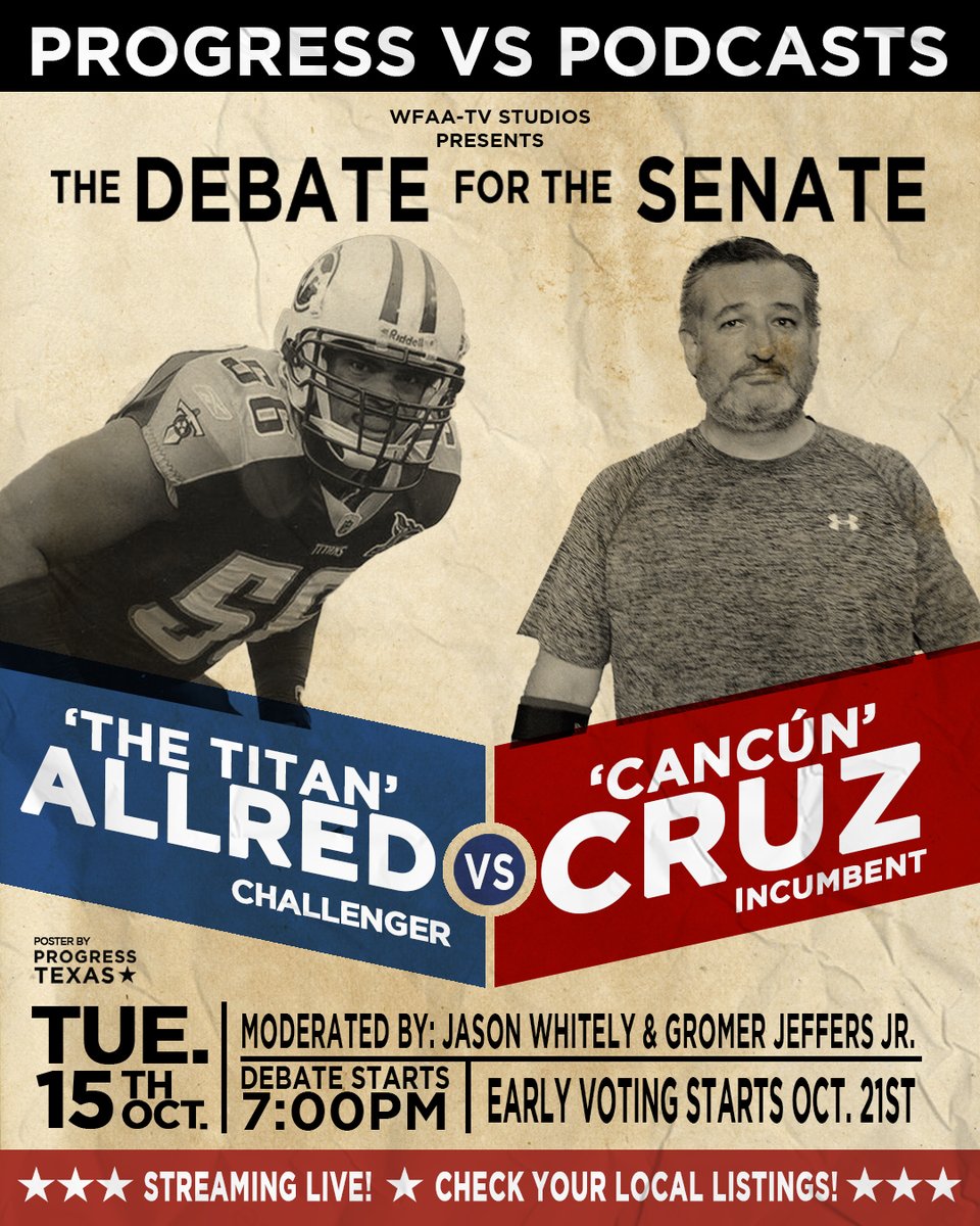 ProgressTX's tweet photo. Ready for the debate? Here we go, with live reaction. 
#HumansAgainstTedCruz #ColinAllred #Texas #Senate #TedCruz #TXSen #TXSenDebate https://t.co/c76N0ZasVf