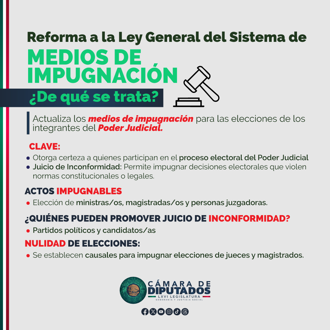 👩🏽‍⚖️ #Entérate │ En la Cámara de Diputados modificamos la ley para actualizar los medios de impugnación en el proceso de elección de los integrantes del #PoderJudicial.

❗ Aquí la información al respecto: