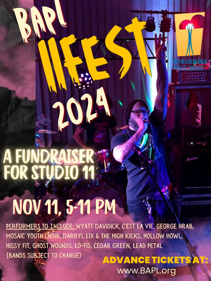 11/11 - 11Fest to benefit Studio 11 at BAPL $11 - 11 bands - We play at 5:30 PM Bethlehem Area Public Library 11 W Church Street, Bethlehem, PA 🎻🎸
bethlehemarea.librarycalendar.com/event/11fest-1…