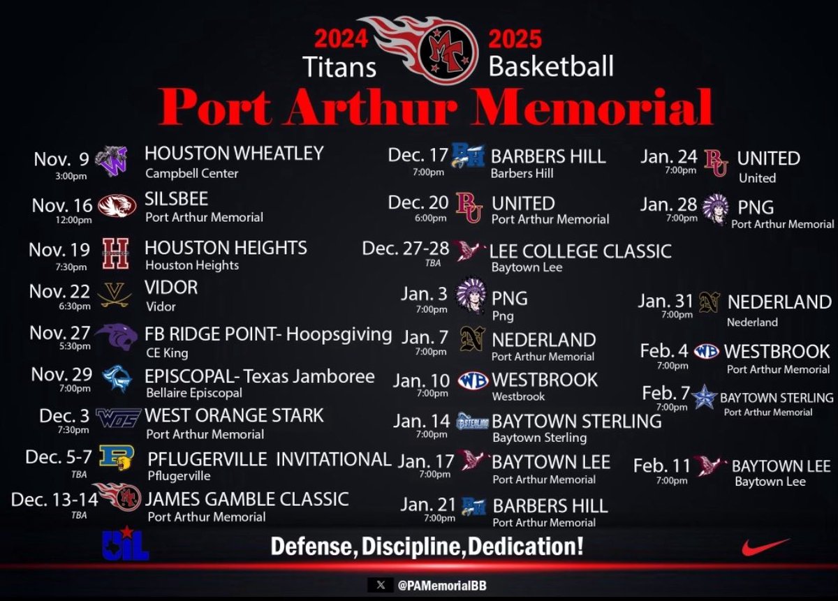 Port Arthur Memorial Titans Boys Basketball🔴⚫️⚪️ (@pamemorialbb) on Twitter photo 🏀🚨2024-25 Schedule Is Here‼️🚨🏀
Come out and support the Titans!!
#WeBelieve #Discipline #Defense
#Dedication #WhyNotUs #allin <a href="/portarthurisd/">Port Arthur ISD</a> 🏀🚨2024-25 Schedule Is Here‼️🚨🏀
Come out and support the Titans!!
#WeBelieve #Discipline #Defense
#Dedication #WhyNotUs #allin <a href="/portarthurisd/">Port Arthur ISD</a>