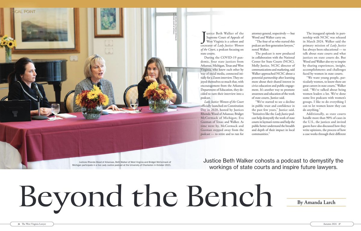 bethwalkr's tweet image. Grateful to the WV State Bar for featuring @LadyJusticePodc in the latest WV Lawyer.  @JudgeRhondaWood and I love discussing state courts and inspiring women to lead in our profession.  New episode next week, thanks to our partner @StateCourts 

#LadyJustice #StateCourts
