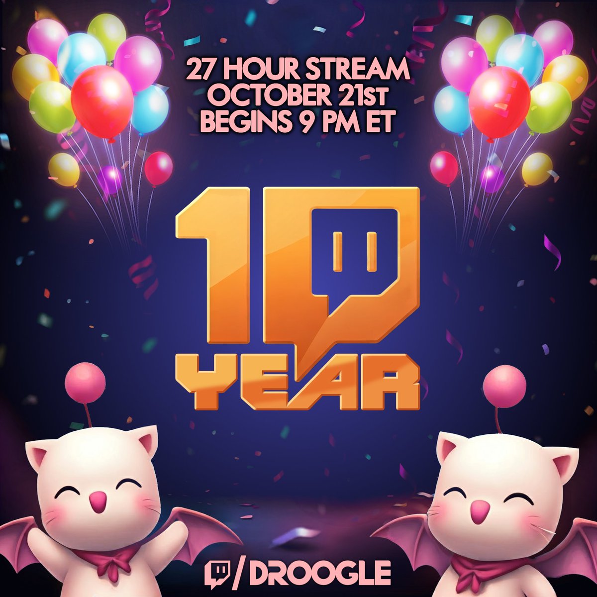 🎉 Tuesday, 10/22, I'm celebrating 10 YEARS as a partner on Twitch! 🎉

And I'm very grateful that Twitch will feature my stream on the front page carousel!

There is so much CHAOS planned for this 27 HOUR (starts 10/21) stream including a ton of giveaways so mark your calendars!