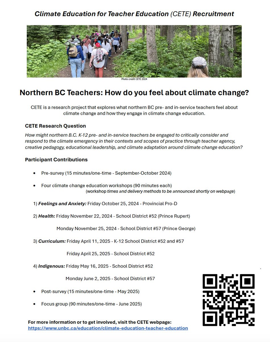 #CETE are looking for participants for 2024/25. 

HELLO... Northern BC Teachers from SD52 (Prince Rupert), SD 57 (Prince George), and TCs from the UNBC TEP in Prince George, Terrace &amp; Quesnel. 

"How do you feel about climate change?" 

Go to our webpage: unbc.ca/education/clim…
