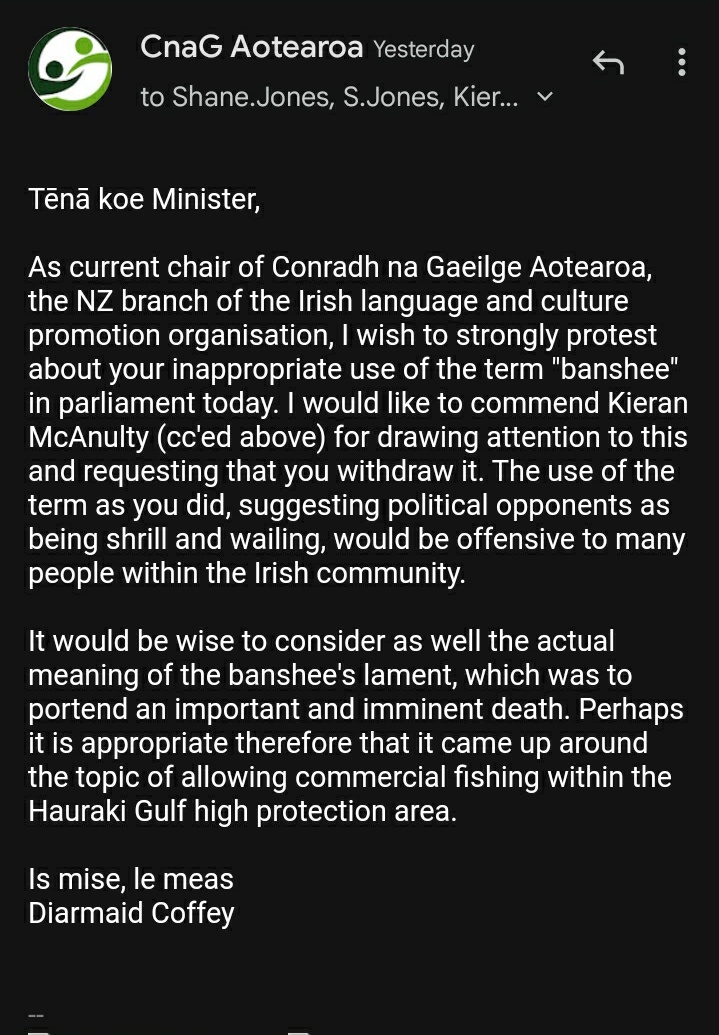 Diarmaid Coffey (@tfaddy) on Twitter photo Our letter from <a href="/CnaGAotearoa/">Conradh na Gaeilge Aotearoa</a> to Min Jones about his inappropriate use of the term "Banshee" Our letter from <a href="/CnaGAotearoa/">Conradh na Gaeilge Aotearoa</a> to Min Jones about his inappropriate use of the term "Banshee"