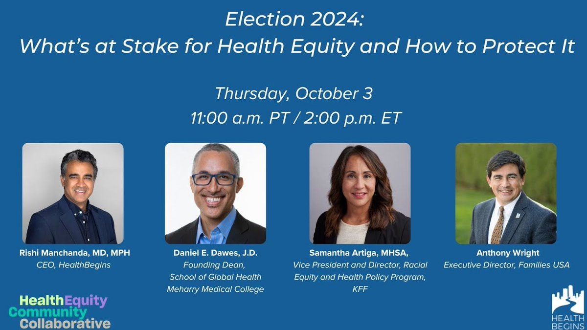 HealthBegins (@healthbegins) on Twitter photo ICYMI our #webinar on how the future of #healthequity will be impacted by the election & what steps we can take leading up to it. Hosted by <a href="/RishiManchanda/">Rishi Manchanda MD MPH</a> w/ <a href="/DanielEDawes/">Daniel E. Dawes</a> <a href="/SArtiga2/">Samantha Artiga</a> <a href="/aewright/">Anthony Wright</a> CC: <a href="/MeharryMedical/">Meharry Medical College</a> <a href="/KFF/">KFF</a> <a href="/FamiliesUSA/">Families USA</a> <a href="/HealthLeadsNatl/">Health Leads</a>
Watch: buff.ly/4gTgpBQ ICYMI our #webinar on how the future of #healthequity will be impacted by the election & what steps we can take leading up to it. Hosted by <a href="/RishiManchanda/">Rishi Manchanda MD MPH</a> w/ <a href="/DanielEDawes/">Daniel E. Dawes</a> <a href="/SArtiga2/">Samantha Artiga</a> <a href="/aewright/">Anthony Wright</a> CC: <a href="/MeharryMedical/">Meharry Medical College</a> <a href="/KFF/">KFF</a> <a href="/FamiliesUSA/">Families USA</a> <a href="/HealthLeadsNatl/">Health Leads</a>
Watch: buff.ly/4gTgpBQ