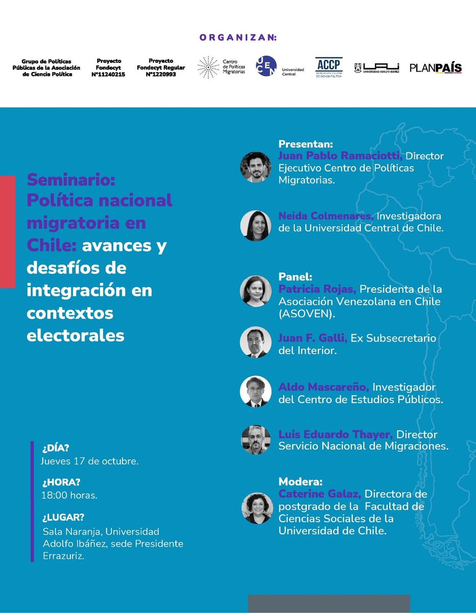 Estimada Red,

Los/as dejo cordialmente invitados(as) a este seminario que vamos a realizar el próximo jueves 17. Abordaremos la situación de la política migratoria en Chile, incorporando al análisis el contexto electoral.

🖇️Lugar: <a href="/UAI_CL/">UAI</a> (Presidente Errázuriz 3485, Las Condes)