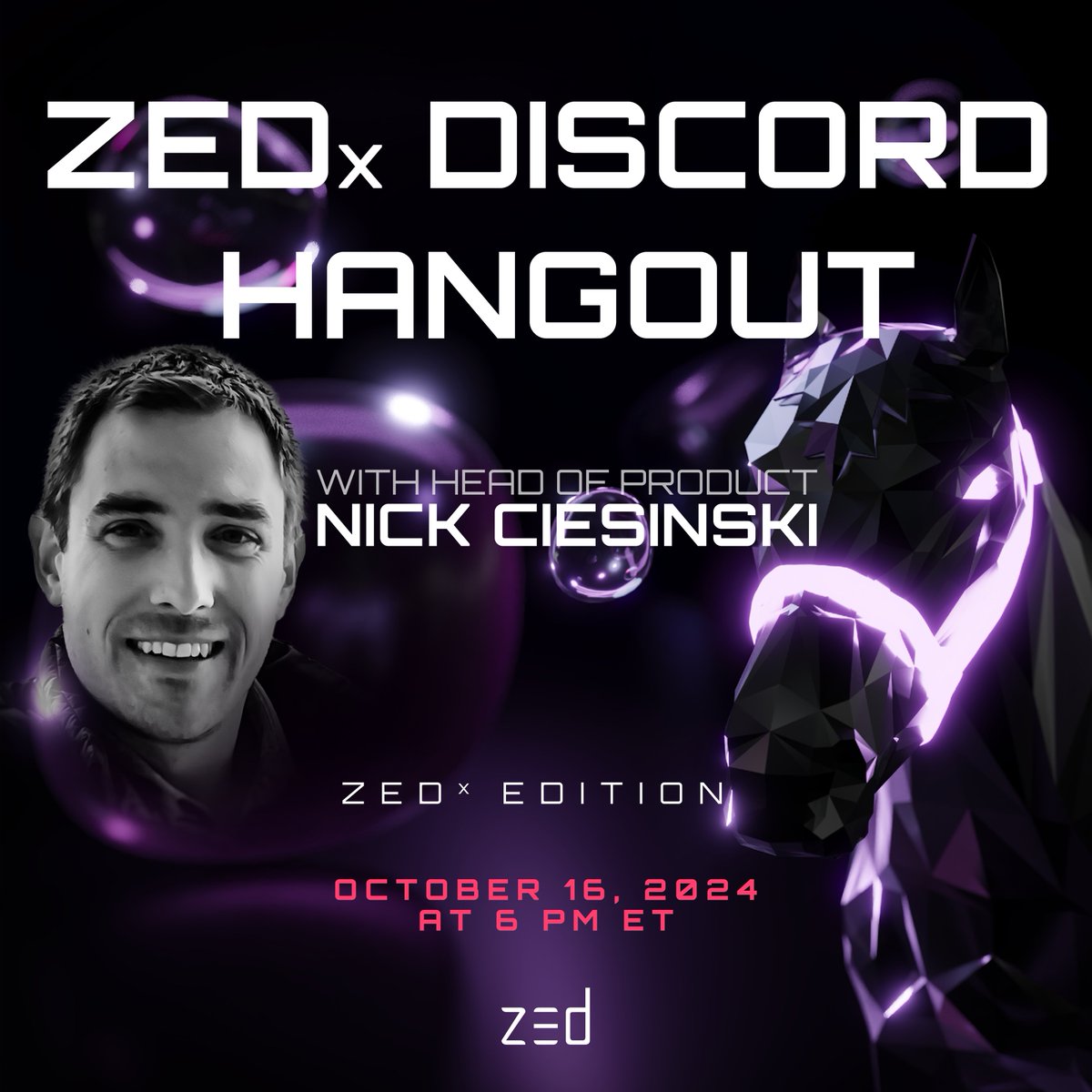 If you don't follow the <a href="/zed_run/">zed_run</a> Discord closely:

Swing by for an hour of power where you can learn more about ZEDx. Join us on Wednesday October 16 at 6 PM ET to chat with Nick, ask questions, and see the latest screens and progress.