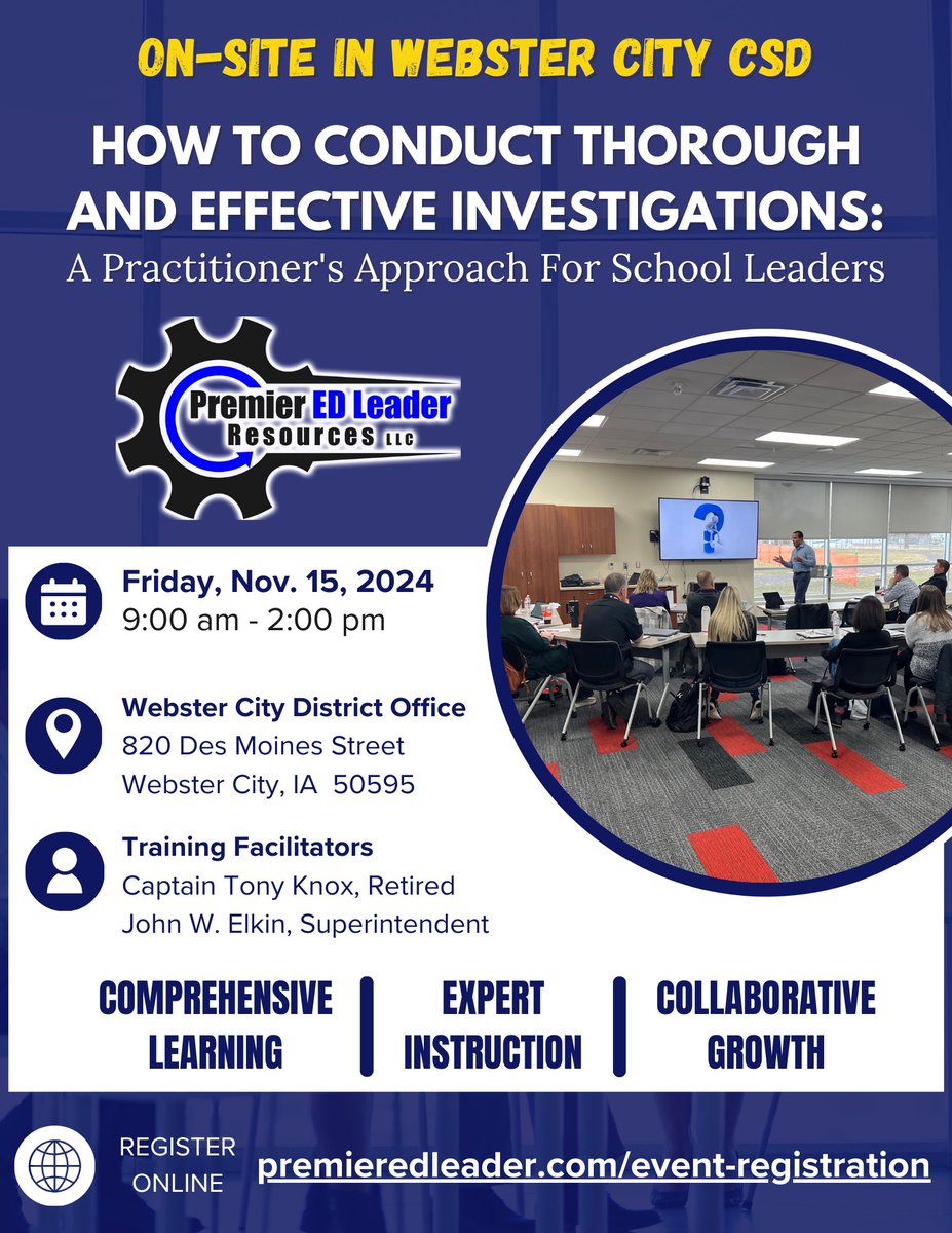 PremierEDLeader's tweet image. 🚨 Mark your calendars! On Friday, November 15, 2024, Webster City CSD will be hosting Premier ED Leader Resources for an on-site investigative training session. 🏫 Register online: premieredleader.com/event-registra…
