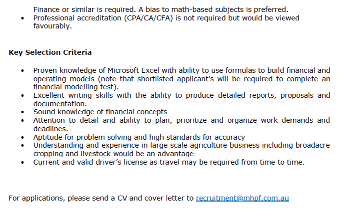 If you know of anyone who loves the cross section of ag/data/finance, we are hiring a business analyst at MHPF.

See the PD below. For more details or to apply email: recruitment@mhpf.com.au