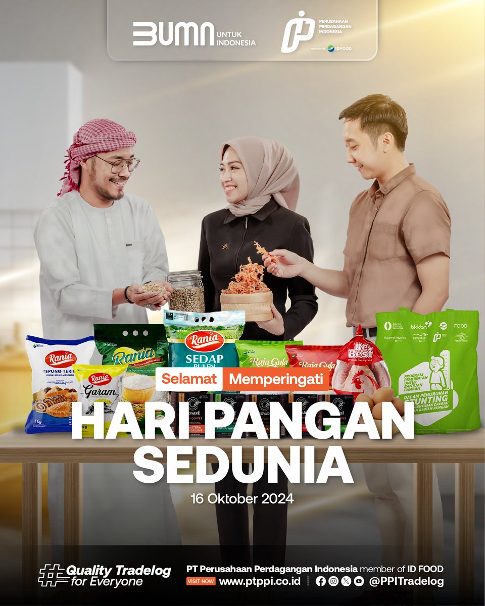 PPITradelog's tweet photo. Selamat memperingati Hari Pangan Sedunia!
"Hak atas Pangan untuk Kehidupan dan Masa Depan yang Lebih Baik"
#PerusahaanPerdaganganIndonesia
#QualityTradelogforEveryone https://t.co/hino5mZj7X