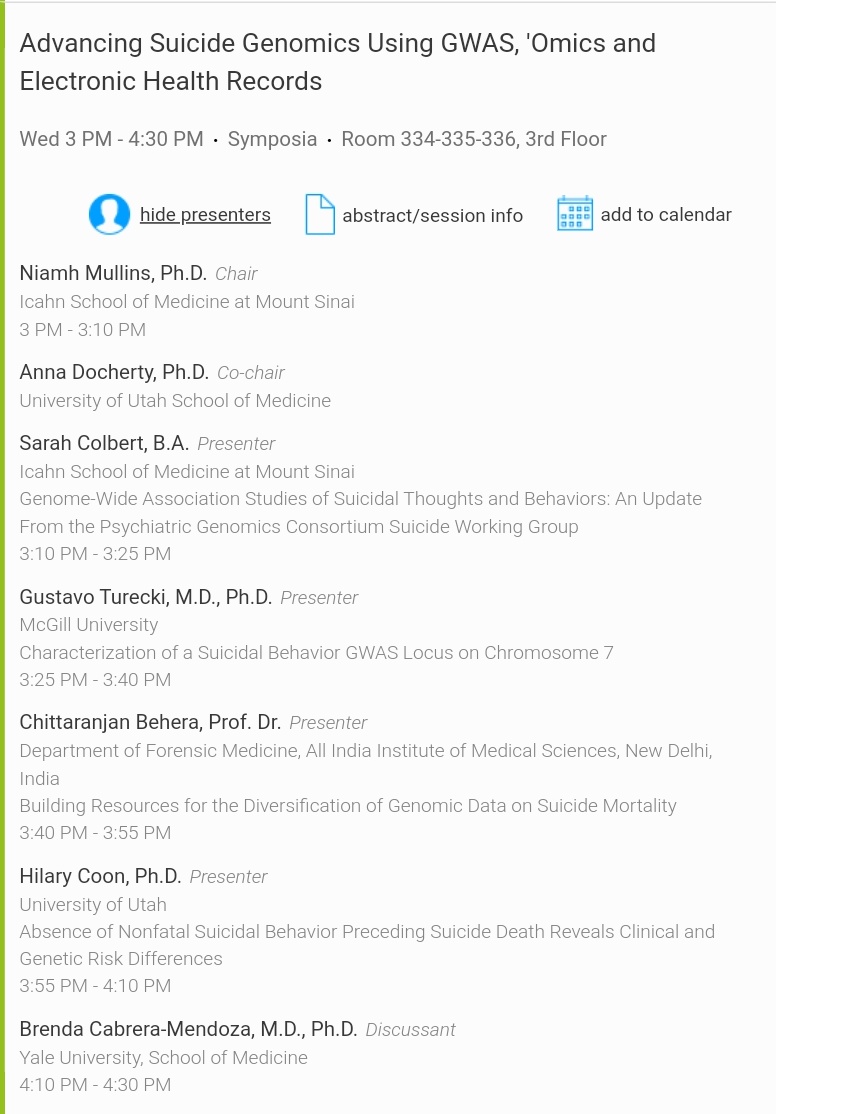 Renato Polimanti (@renatopolimanti) on Twitter photo Looking for a cool #WCPG2024 symposium to attend this afternoon? Join this amazing lineup of speakers to hear the latest about #suicide genomics. After that, <a href="/brendacabreram/">Brenda Cabrera Mendoza</a> will bring together attendees and speakers to discuss the implications of the findings presented. Looking for a cool #WCPG2024 symposium to attend this afternoon? Join this amazing lineup of speakers to hear the latest about #suicide genomics. After that, <a href="/brendacabreram/">Brenda Cabrera Mendoza</a> will bring together attendees and speakers to discuss the implications of the findings presented.