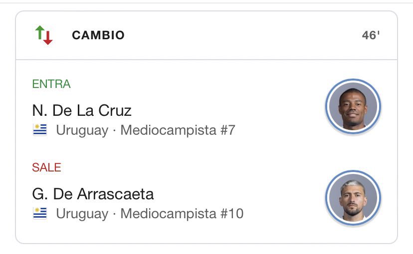dannysoledad18's tweet photo. Cambio en Uruguay al iniciar el segundo tiempo, Nicolás de la Cruz entra por Giorgian de Arrascaeta. 
#Eliminatorias.
#LaTri 
#EcuadorvsUruguay 
#Eliminatorias 
#DataUTN https://t.co/Uvj7BVJDku