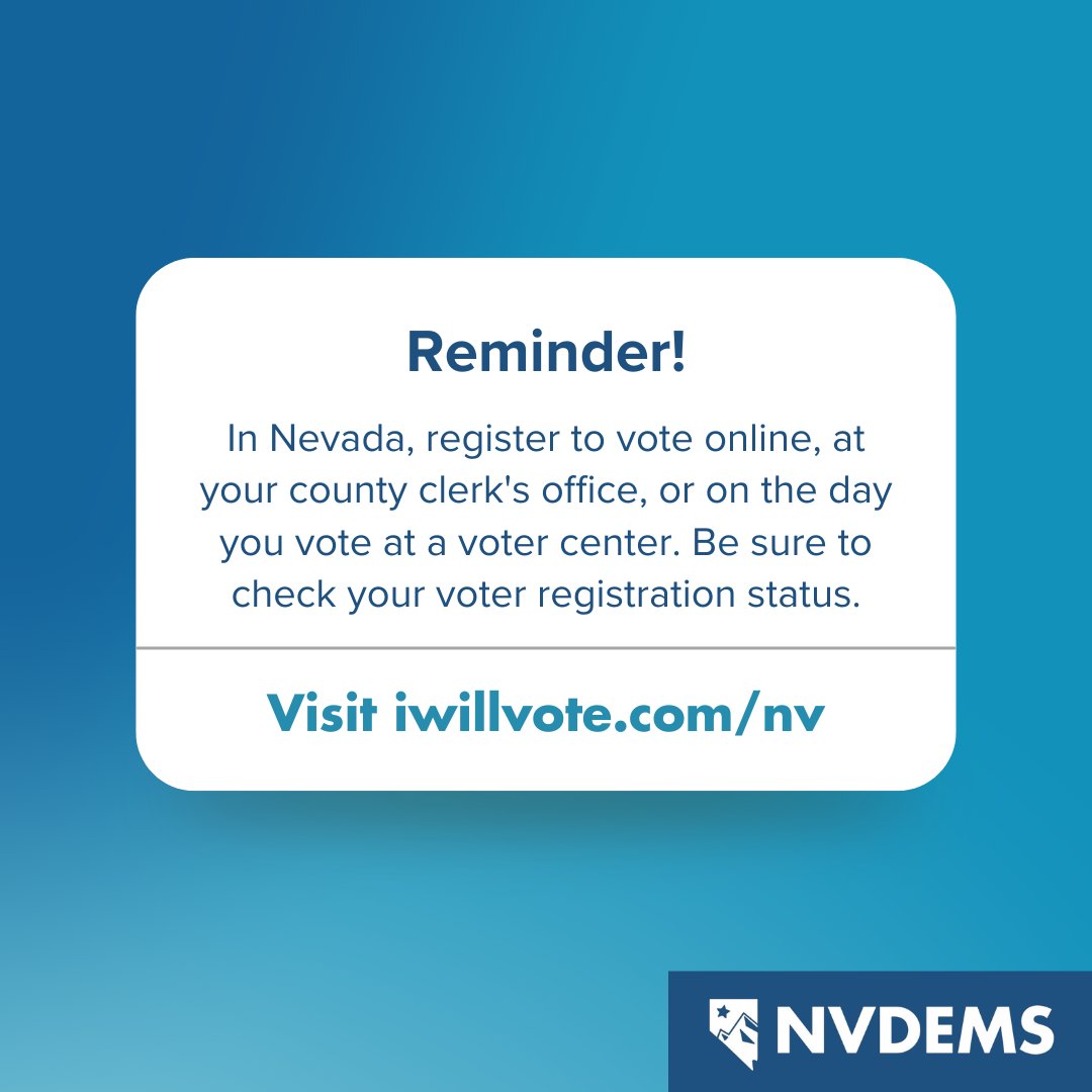 Are you registered to vote?

There's still time! Go to iwillvote.com/nv to check your registration or register to vote today! Early voting starts this Saturday 10/19!
