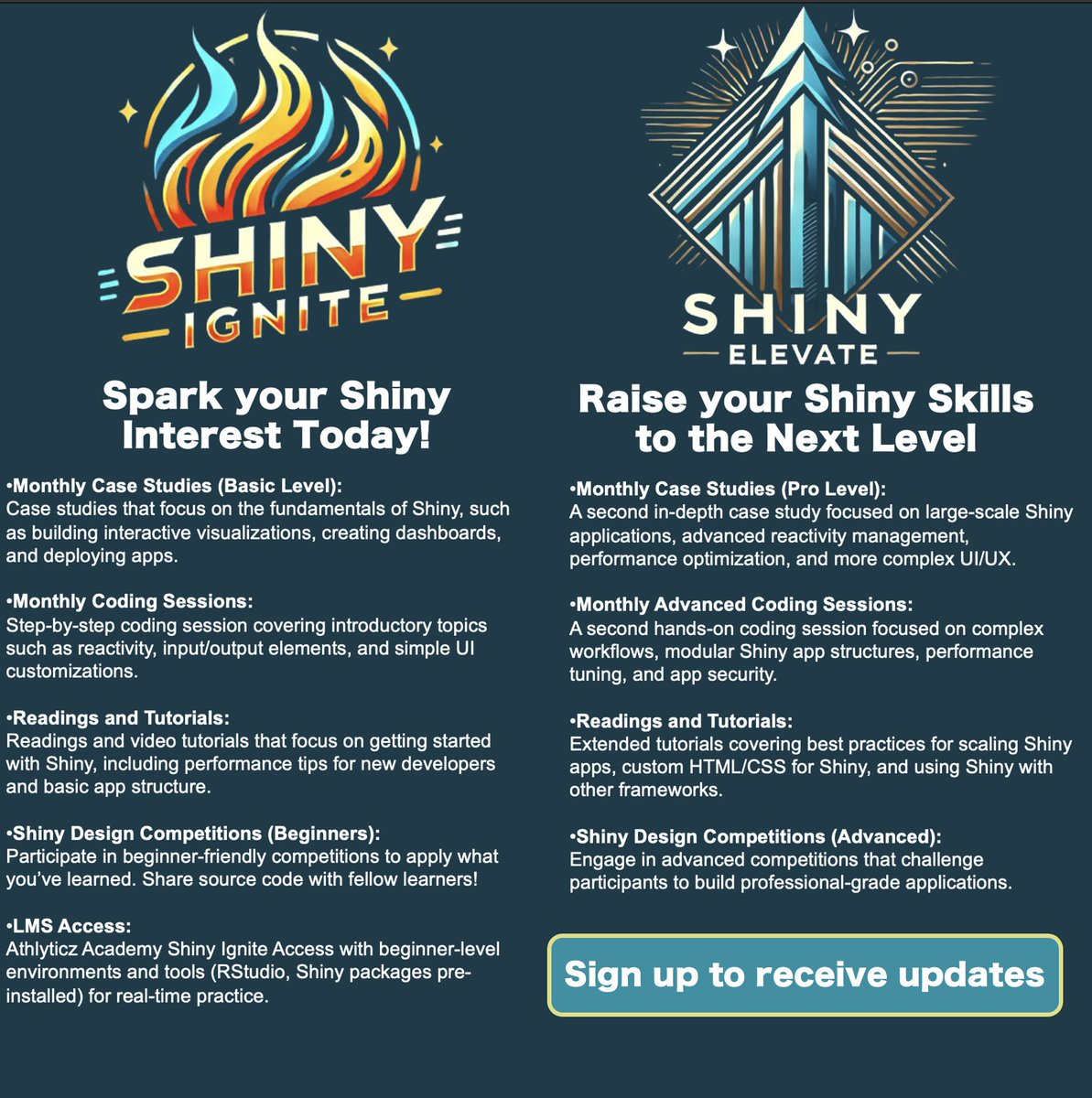 Athlyticz's tweet photo. ✨Are you looking to upskill and take your Shiny apps to the next level? 

Sign up : https://t.co/JqcUojSck6

Whether you’re new to Shiny or a seasoned pro, our Shiny Ignite (for beginners) and Shiny Elevate (for advanced developers) programs are designed to guide you through the entire process of building and optimizing your Shiny applications.

But that's not all – our brand new Athlyticz + (A+) programs offer full access to the Athlyticz Academy Learning Platform, where you’ll have your very own virtual machine environment with all the tools you need to succeed:

📚Pre-installed libraries, coding scripts, and data sources – everything is set up and ready for you to dive into.
💻Weekly tasks, coding assignments, quizzes, and interactive case studies delivered directly to your learning dashboard.

No matter your field, our program is for you!

Shiny apps are becoming essential in fields like finance, engineering, medicine, sports, and more. If you’re ready to productionize your apps and optimize performance, you won’t want to miss this opportunity! - All with the support of a world-class team of top Shiny developers from around the globe.

Here's what you can expect:

Shiny Ignite: Spark Your Shiny Interest 🔥

Fundamentals of Shiny: building visualizations, creating dashboards, and deploying apps.
Step-by-step coding sessions on reactivity, input/output elements, and UI customizations.
Beginner-friendly competitions to apply your skills.

Shiny Elevate: Raise Your Shiny Skills to the Next Level 🚀

Advanced case studies on large-scale applications, performance optimization, and advanced UI/UX.
Modular workflows, app security, and tuning covered in hands-on coding sessions.
Competitions to push your skills and build professional-grade applications.

Why Join Us?
Applicable to All Disciplines: Whether you're in finance, medicine, sports, engineering, or another field, our programs are designed to help you enhance your Shiny expertise.
Hands-on Learning: Your learning is practical and real-world, with coding assignments, projects, and weekly tasks tailored to your level.
Virtual Machine Environment: You’ll have everything you need on our state-of-the-art virtual machines hosted through our platform.

Interested? Preregister to secure a risk free month at launch!

Sign up to stay updated and be the first to know when we launch. Preregistration spots are limited, so don’t miss out on this opportunity to transform your Shiny skills!

Looking forward to seeing what you’ll create!

Athlyticz Team

Sign up : https://t.co/JqcUojSck6

#rstats #rshiny #rprogramming #shiny