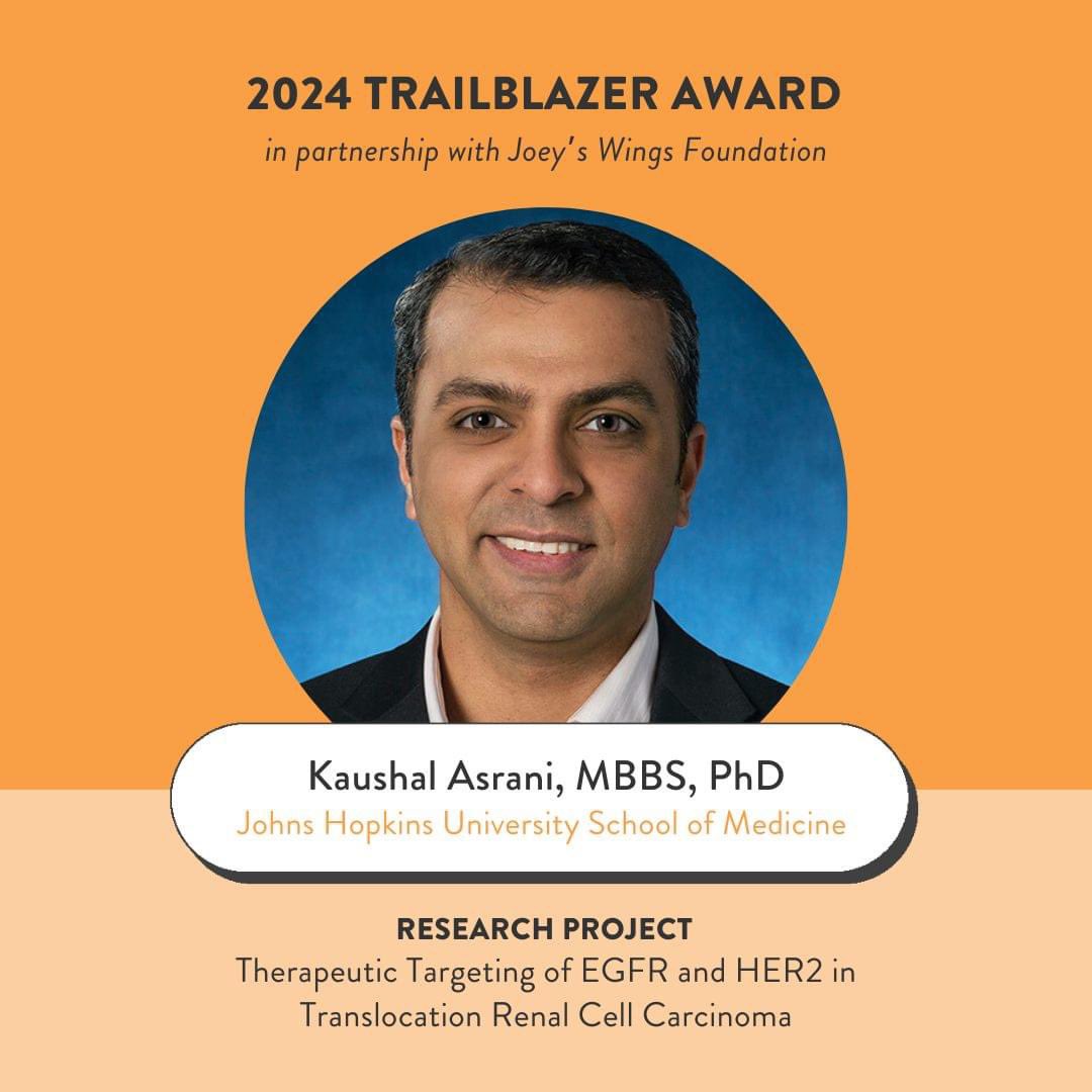 Joey's Wings Foundation (@joeyswings) on Twitter photo Trailblazer Award – $75,000 in partnership with <a href="/KidneyCancer/">Kidney Cancer</a> was granted to Dr. Kaushal Asrani of Johns Hopkins University School of Medicine! This research project: Therapeutic Targeting of EGFR and HER2 in Translocation Renal Cell Carcinoma. Trailblazer Award – $75,000 in partnership with <a href="/KidneyCancer/">Kidney Cancer</a> was granted to Dr. Kaushal Asrani of Johns Hopkins University School of Medicine! This research project: Therapeutic Targeting of EGFR and HER2 in Translocation Renal Cell Carcinoma.