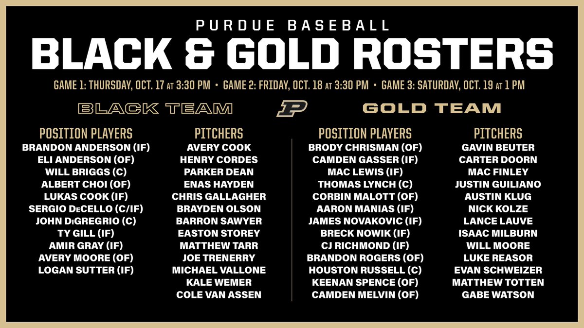How we split it up for the annual 3-game ⚫️🟡 Intrasquad Series. #BoilerUp #FallBall 

Open to the public all weekend at Alexander