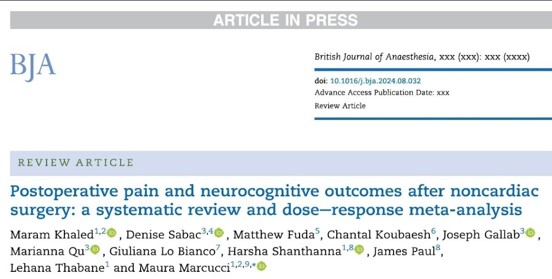 Our most recent systematic review found that higher postoperative pain intensity may be associated with clinically significant increase in the occurrence of postoperative delirium after non-cardiac surgery

Check out the full article here⬇️
kwnsfk27.r.eu-west-1.awstrack.me/L0/https:%2F%2…
