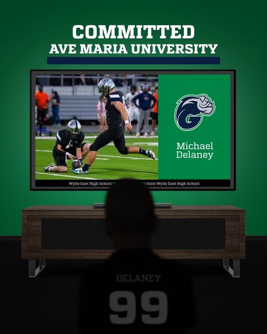 Michael Delaney (@michael1delaney) on Twitter photo I am excited and blessed to announce my commitment to Ave Maria University! Thank you to my parents and coaches who have helped me on this path. Thank you to <a href="/CoachRamsey319/">Dylan Ramsey</a> for this incredible opportunity.
<a href="/WERaiderFB/">Wylie East Raiders Football</a> <a href="/OberkromKicking/">Jaden Oberkrom</a> I am excited and blessed to announce my commitment to Ave Maria University! Thank you to my parents and coaches who have helped me on this path. Thank you to <a href="/CoachRamsey319/">Dylan Ramsey</a> for this incredible opportunity.
<a href="/WERaiderFB/">Wylie East Raiders Football</a> <a href="/OberkromKicking/">Jaden Oberkrom</a>
