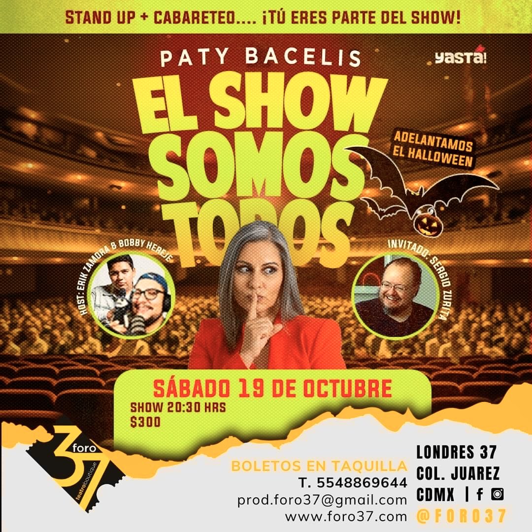 Ya es este sábado! Como anfitrión está el excelente <a href="/erikotravez/">Erik Zamora</a>. Como invitado, el gran <a href="/BobbyHereje/">Bobby López Esquivelzeta</a>. Y yo haré stand up para abrirle a la reina <a href="/PatyBacelis/">La Tía de México</a>. Ya saben: <a href="/Foro37/">Foro37 Teatro Boutiq</a>. Boletos aquí: patybacelis.yasta.mx/eventos/157