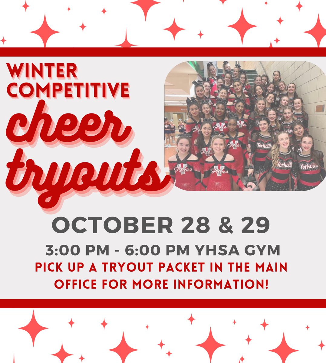 Mrs. Styve (@yhscheercoach) on Twitter photo Winter Season Tryouts are around the corner! Grab a tryout packet in either main office. If you have any questions contact Coach Fishbeck hfishbeck@y115.org or Coach Styve fstyve@y115.org Winter Season Tryouts are around the corner! Grab a tryout packet in either main office. If you have any questions contact Coach Fishbeck hfishbeck@y115.org or Coach Styve fstyve@y115.org