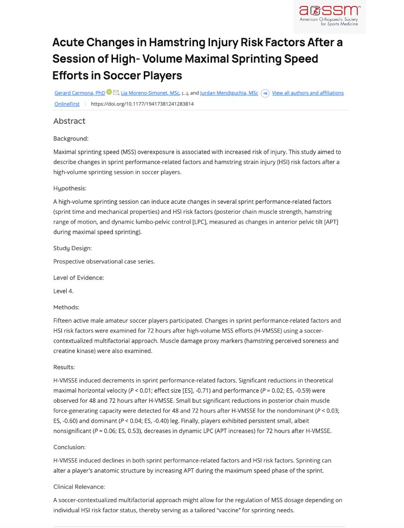 🆕"This article showed how high peak volume sprinting induced a decrease in both sprint performance-related factors and injury risk factors in the hamstring muscles of soccer players ⚽️”
👉 G. Carmona, J. Mendiguchia, et al 2024 🇪🇸
📂  journals.sagepub.com/doi/10.1177/19…