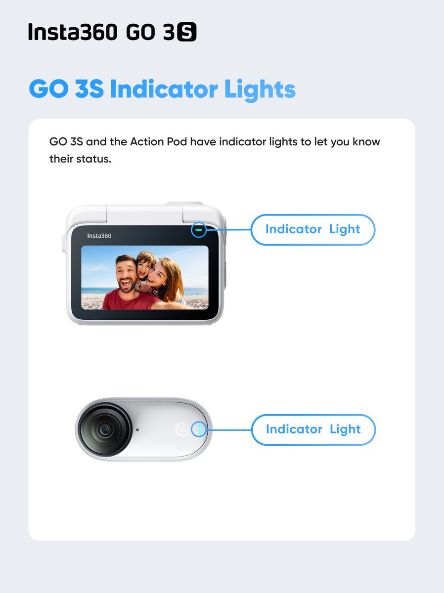 Insta360service's tweet photo. Your Insta360 GO 3S indicator lights speak in colors 🟢 🔴 🔵 Learn what each one means and how to adjust the brightness—or turn them off completely💡 #Insta360GO3S #LightTips https://t.co/Szin3hfnBL