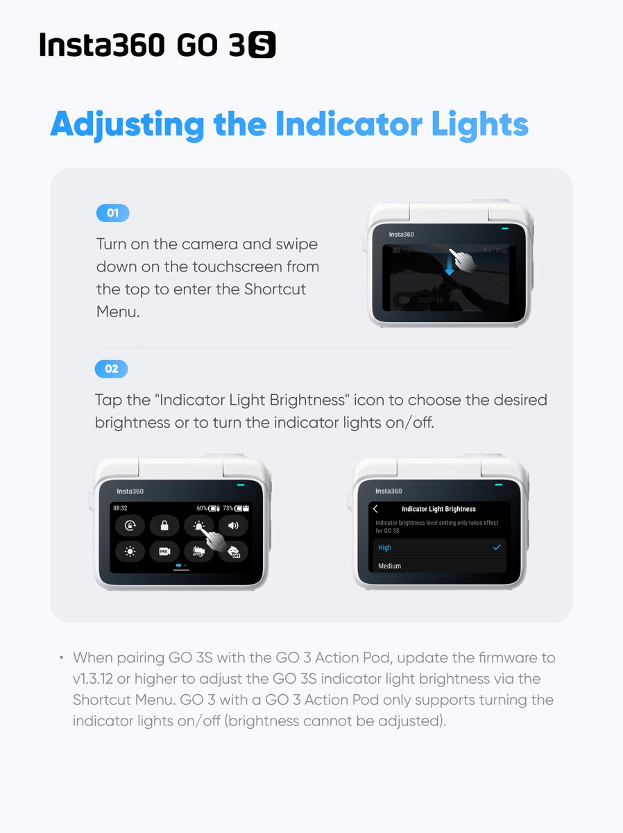 Insta360service's tweet photo. Your Insta360 GO 3S indicator lights speak in colors 🟢 🔴 🔵 Learn what each one means and how to adjust the brightness—or turn them off completely💡 #Insta360GO3S #LightTips https://t.co/Szin3hfnBL