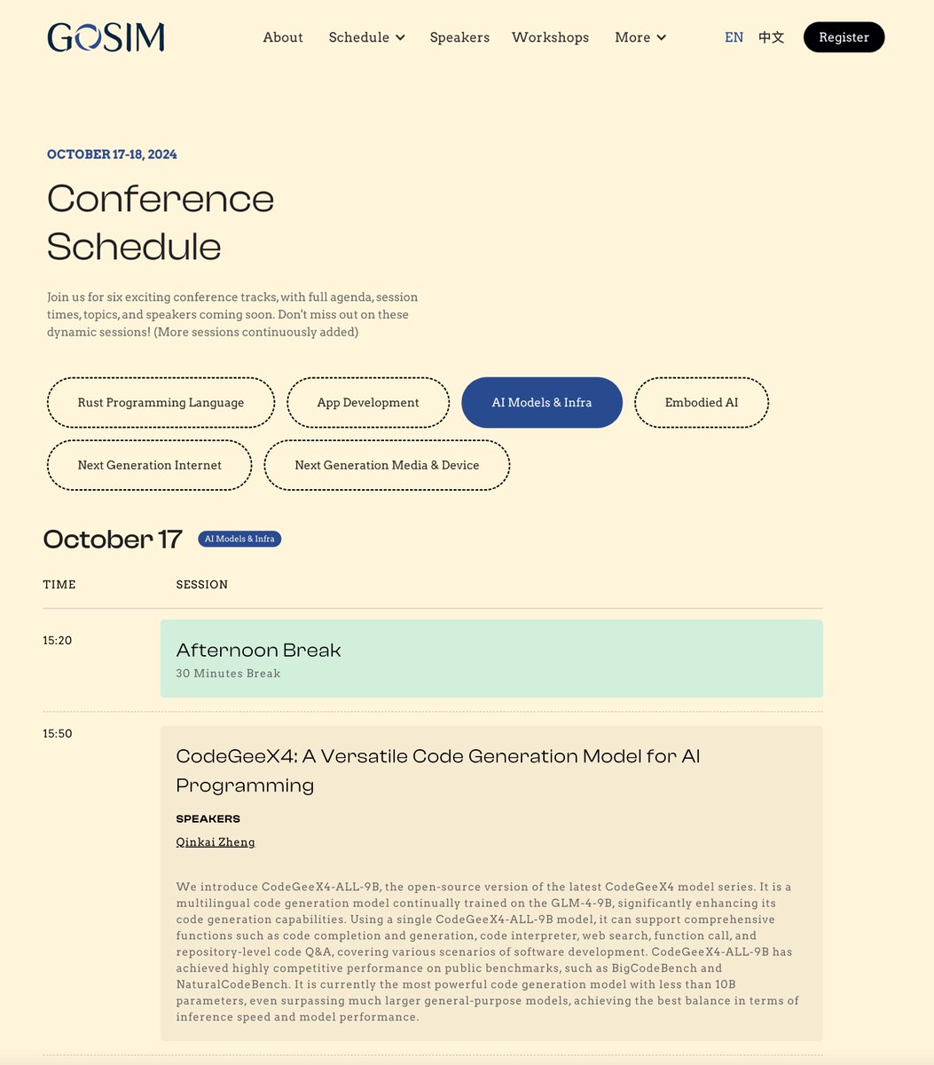 codegeex_ai's tweet image. 🚀 On October 17 at the Gosim Conference, the CodeGeeX team will deliver an exciting technical talk on &quot;CodeGeeX4: A Versatile Code Generation Model for AI Programming.&quot;

#GOSIM #CodeGeeX #OpenSource