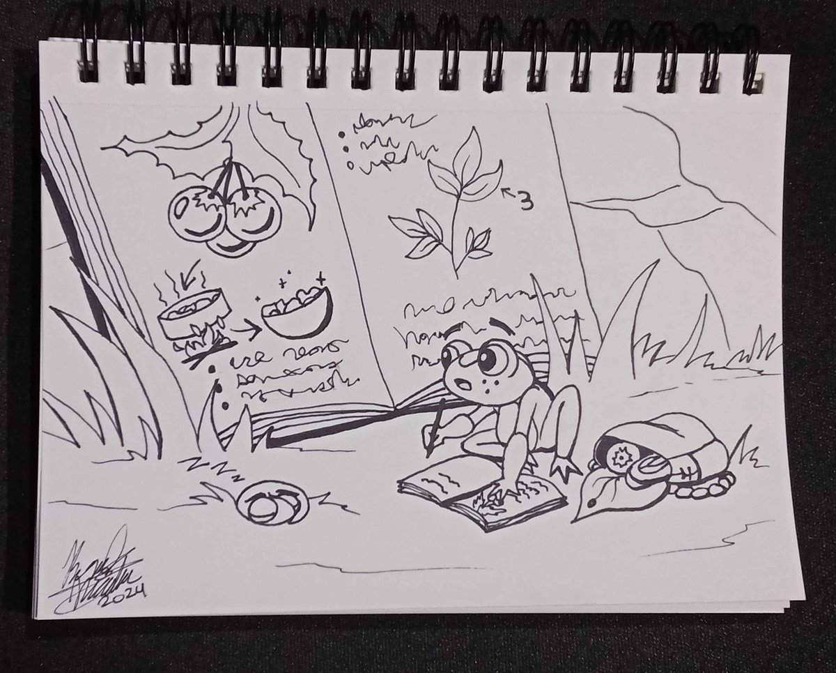silverwaterbird's tweet photo. Inktober day 15, Guidebook. Timmy decides to take a nap while Friggy copies the merchant's guidebook for nature and things to help one survive. 

#inktober2024 #inktober #inktober2024guidebook #inkdrawing #frog #guidebook https://t.co/Hewd2B6WcX