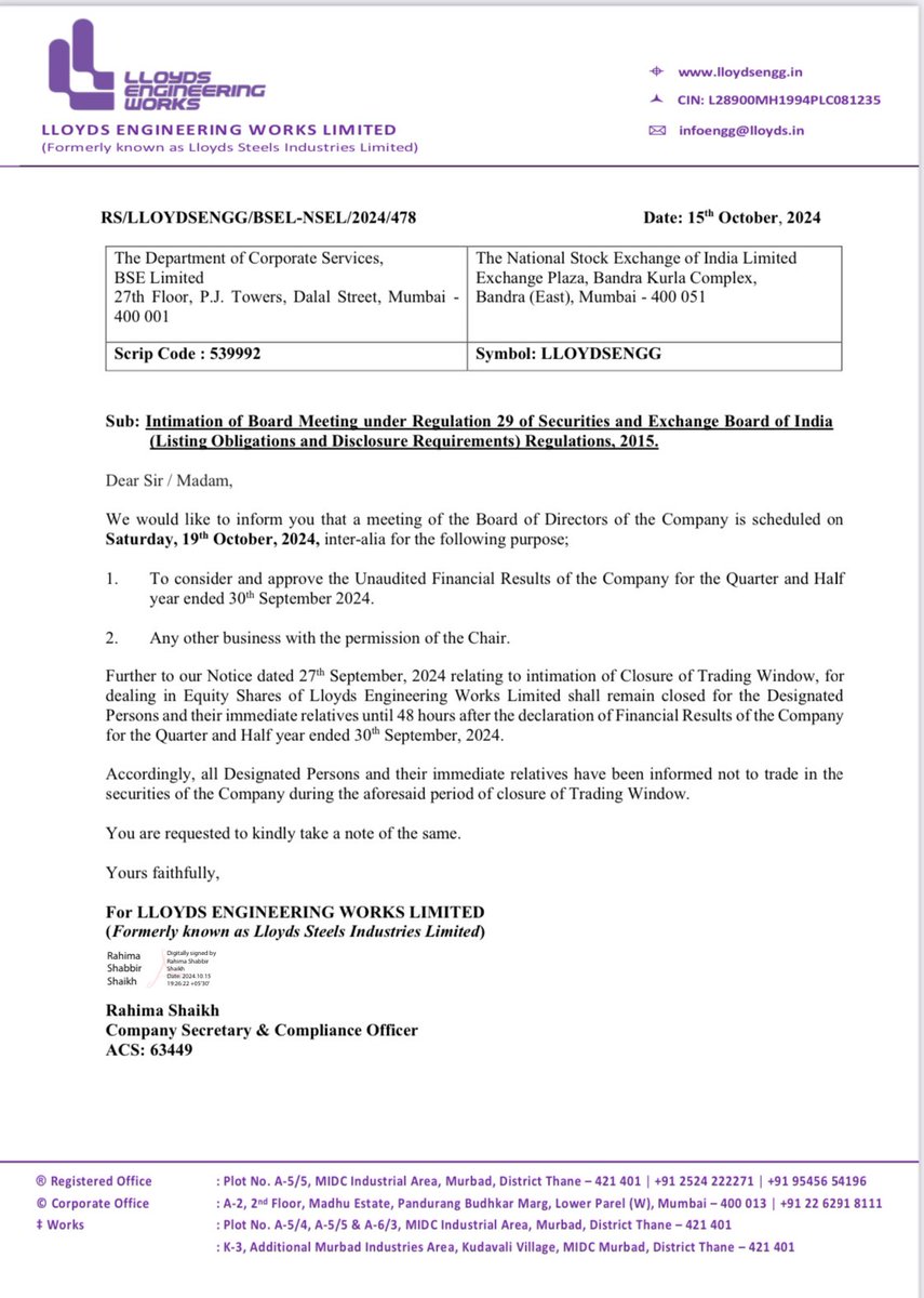 VargheseEzhuthu's tweet image. 🚨 Upcoming Board Meeting Alert! 🚨

#LloydsEngineering will hold a Board of Directors meeting on 19th October 2024 to review and approve the unaudited financial results for the quarter and half year ending 30th September 2024. 📊