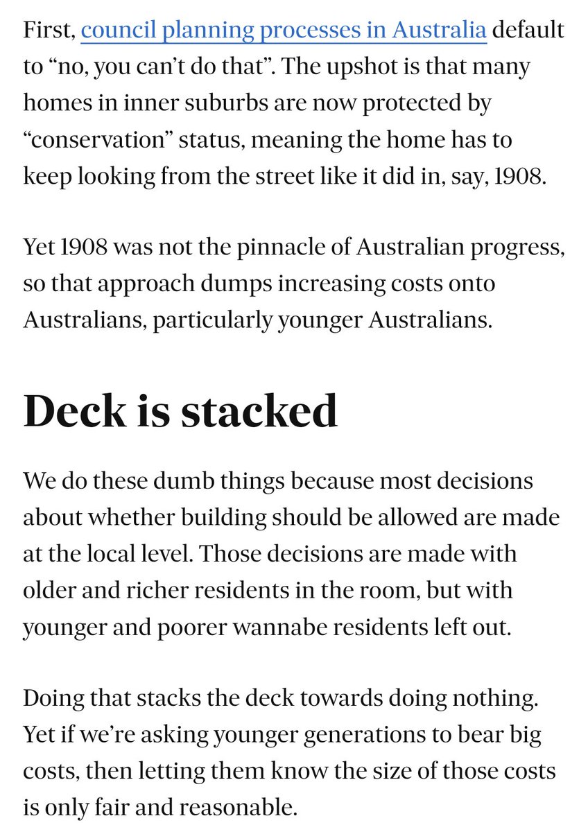 Sydney YIMBY (@sydneyyimby) on Twitter photo Terrific article from <a href="/ChrisEconomist/">Chris Richardson</a> emphasising that we need to let our cities change.
Sydney was not perfected in 1908, and the rules locking so much of our city in amber have almost zero evidence or scrutiny behind them.
The least we can do is measure their enormous costs. Terrific article from <a href="/ChrisEconomist/">Chris Richardson</a> emphasising that we need to let our cities change.
Sydney was not perfected in 1908, and the rules locking so much of our city in amber have almost zero evidence or scrutiny behind them.
The least we can do is measure their enormous costs.