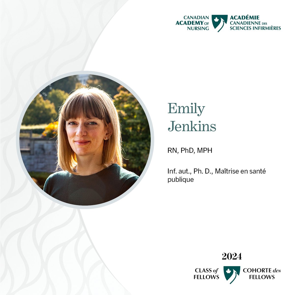 We are honoured to recognize Dr. Emily Jenkins, RN, PhD, MPH, for her  work in mental health and substance use, when she is inducted as a Fellow of the Canadian Academy of Nursing on October 24, 2024. 

For more details, visit ow.ly/sAEZ50TK16f

#CNA2024 #Fellowship #FCAN